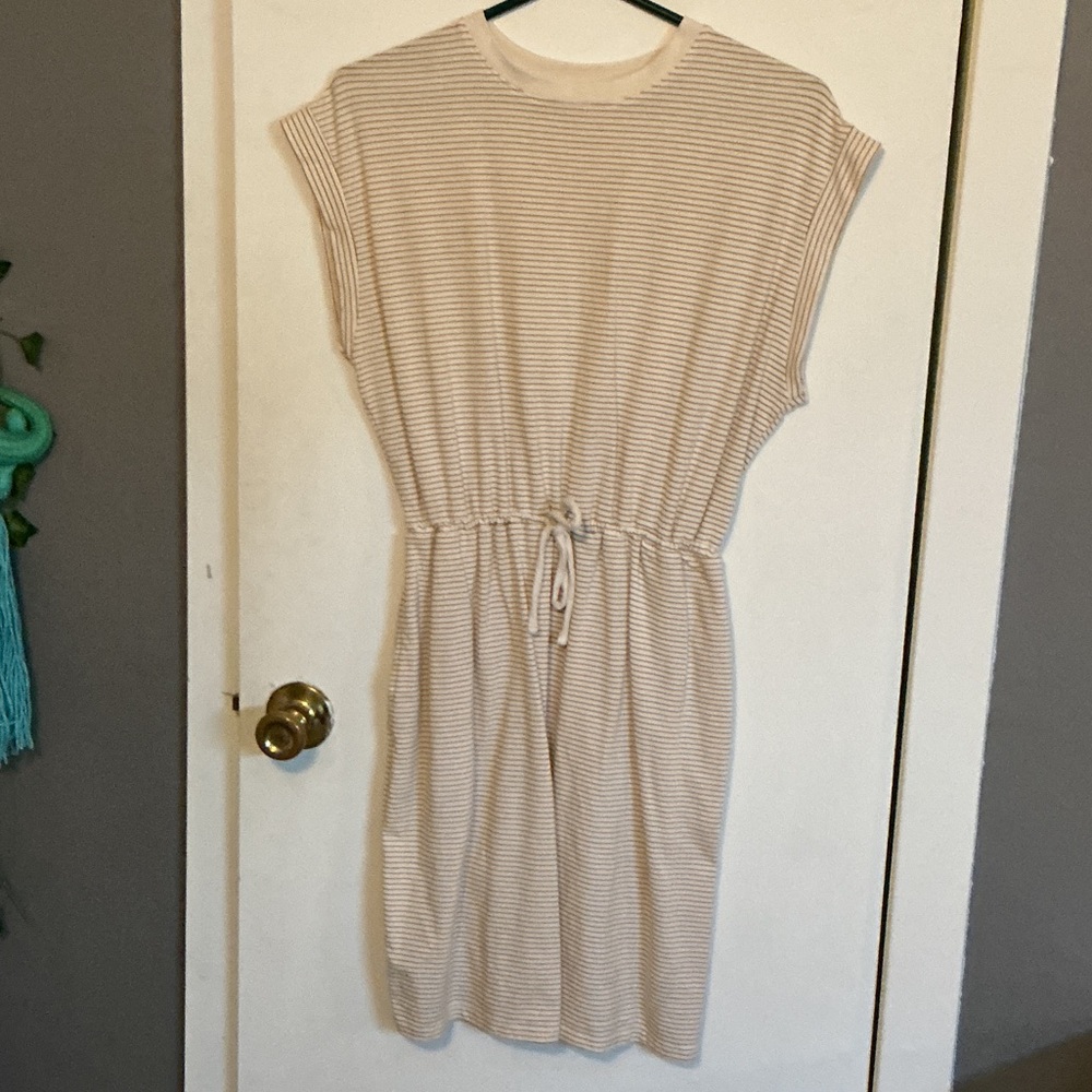 Beige Striped Drawstring Waist Women’s Dress